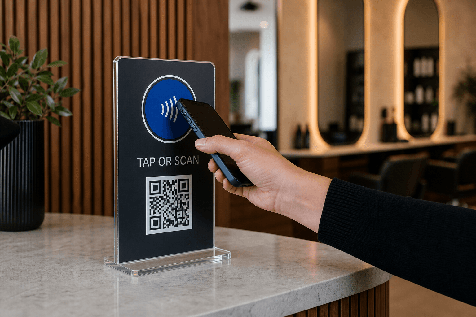 Customer tapping an NFC feedback stand at a salon counter